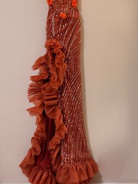 Rust Ruffle-Seam Sequined Prom Gown